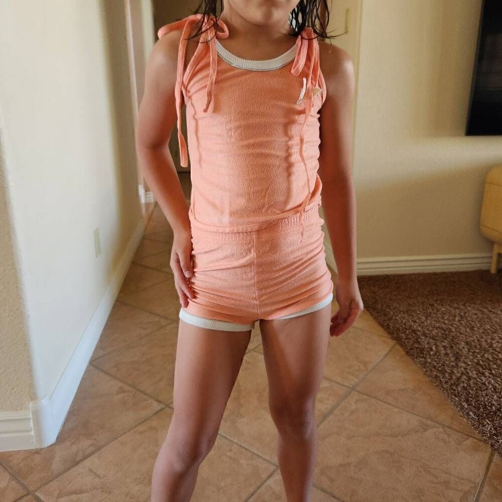 Girls 4-5 vintage 70's sherbet orange retro 2 piece outfit set butterfly tank to